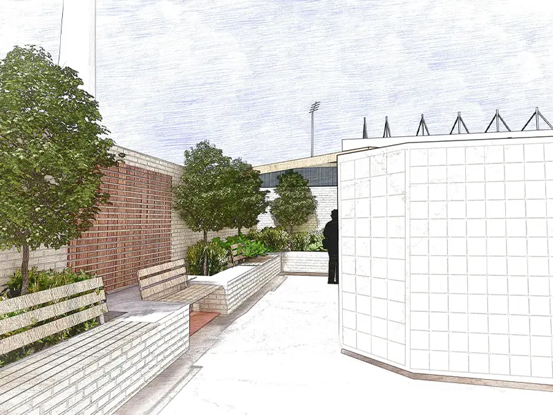 A quiet seating area beside the wall